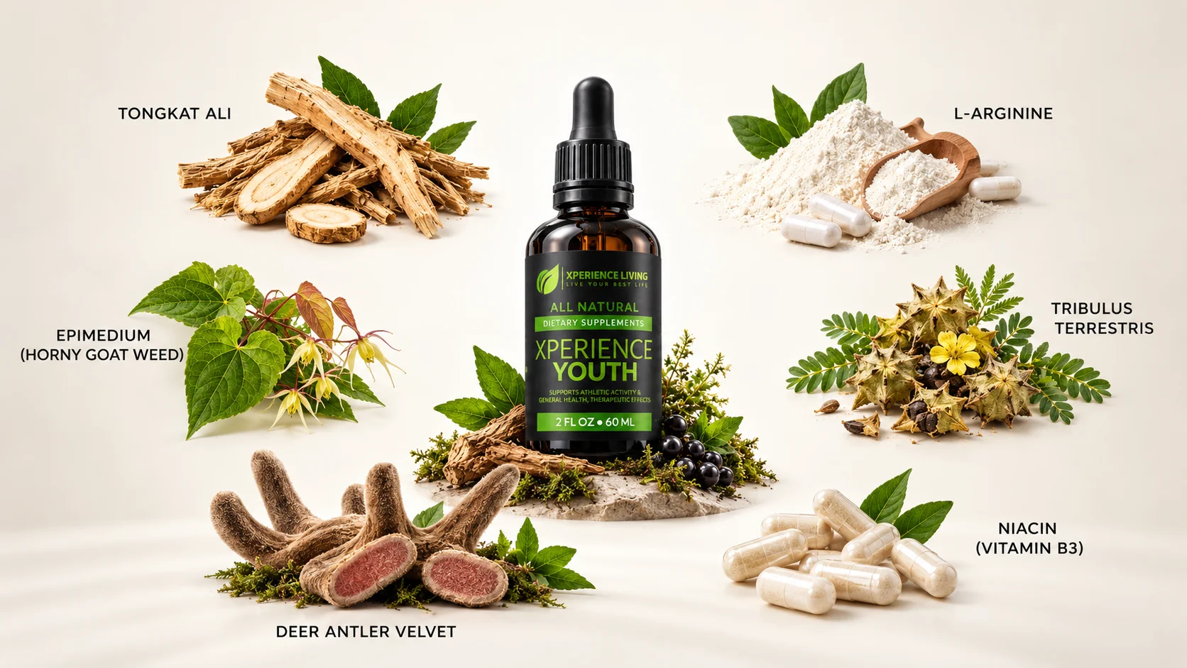 Xperience Youth Liquid with its ingredients: Tongkat Ali, L-Arginine, Epimedium (horny goat weed), Tribulus terrestris, Deer Antler Velvet and Niacin (vitamin B3)