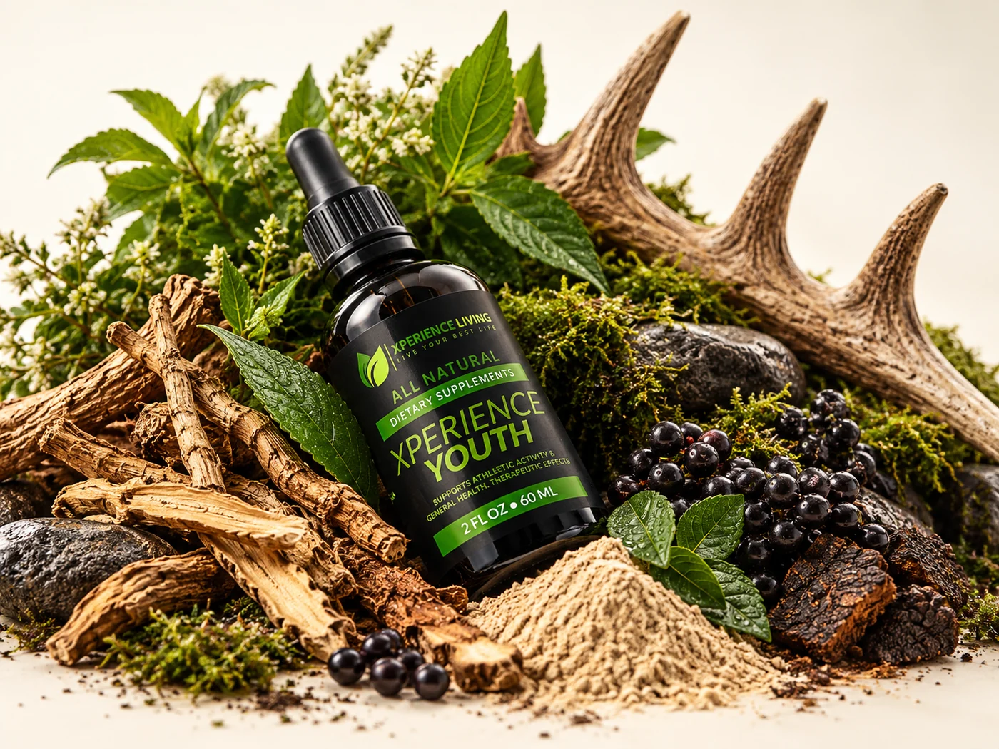 Xperience Youth Liquid bottle surrounded by its natural ingredients: deer antler velvet, roots and herbs