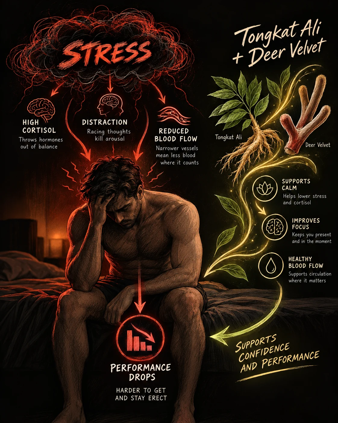 Stress infographic: high cortisol, distraction and reduced blood flow make performance drop; Tongkat Ali and Deer Velvet support calm, focus and healthy blood flow